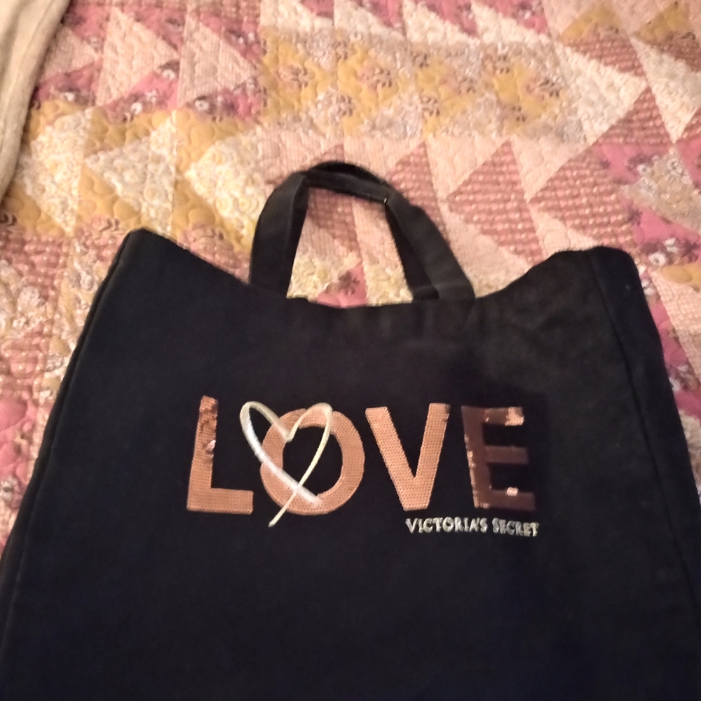 Victoria's Secret Black Tote with Pink Sequence LOVE Design